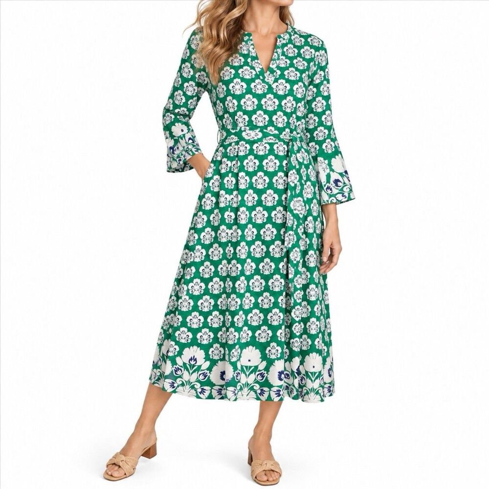 Boden Womens 14 Green Floral Midi Dress Belted V Neck 3/4 Puff Sleeve Pockets
